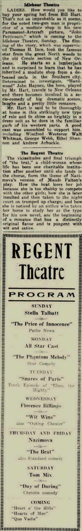 Regent Theater - Jan 29 1920 Idlehour And Regent
